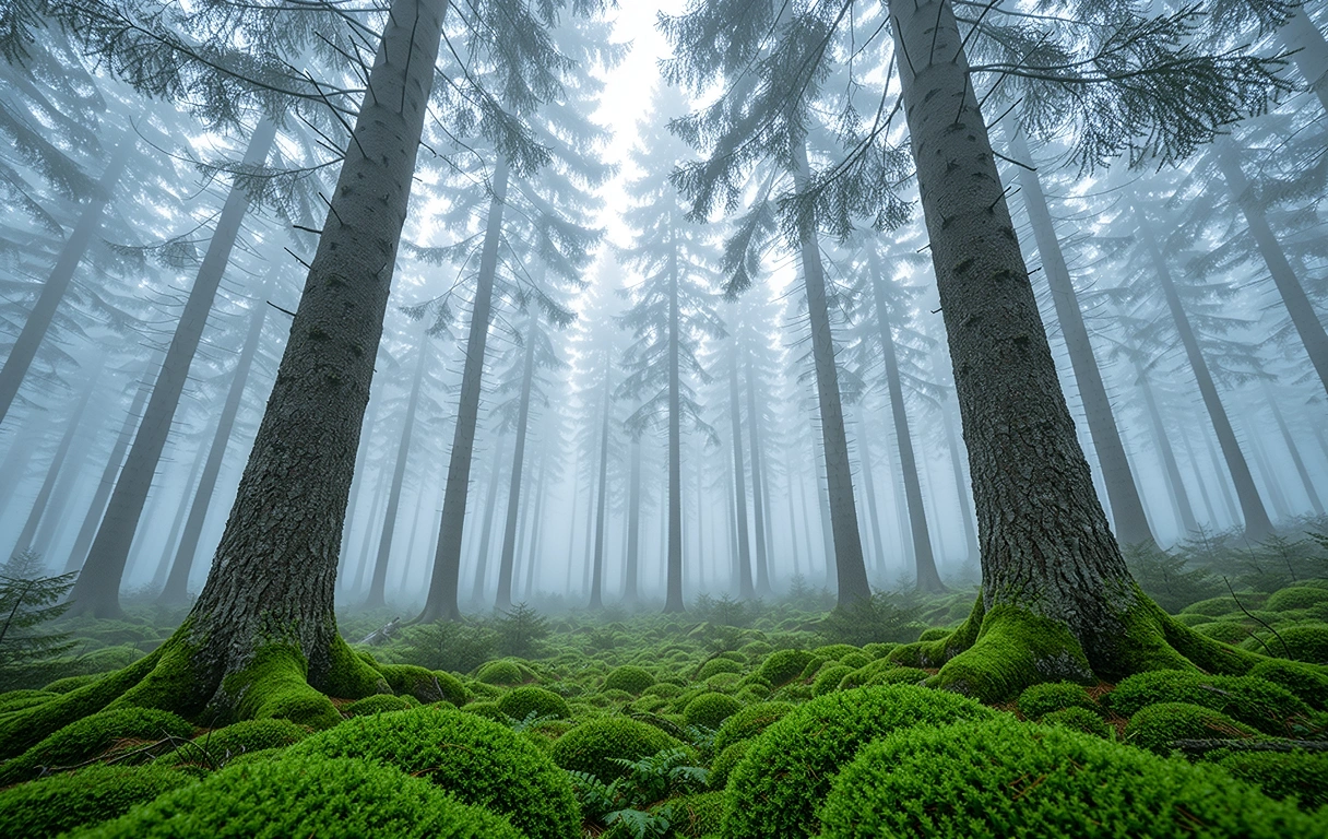 Alpiner Nadelwald im Nebel